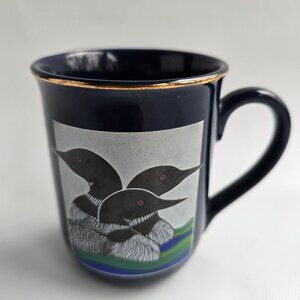 Vintage Otagiri Blue Ceramic Gold Rim Loon Coffee Mug  Design East Inc Japan